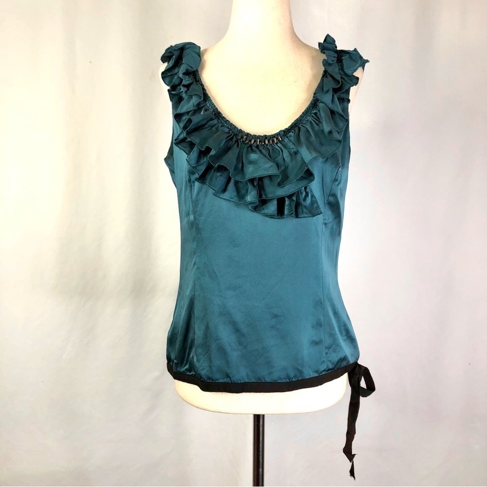 VINTAGE Laurel 100% silk ruffle neck sleeveless blouse teal beaded 36